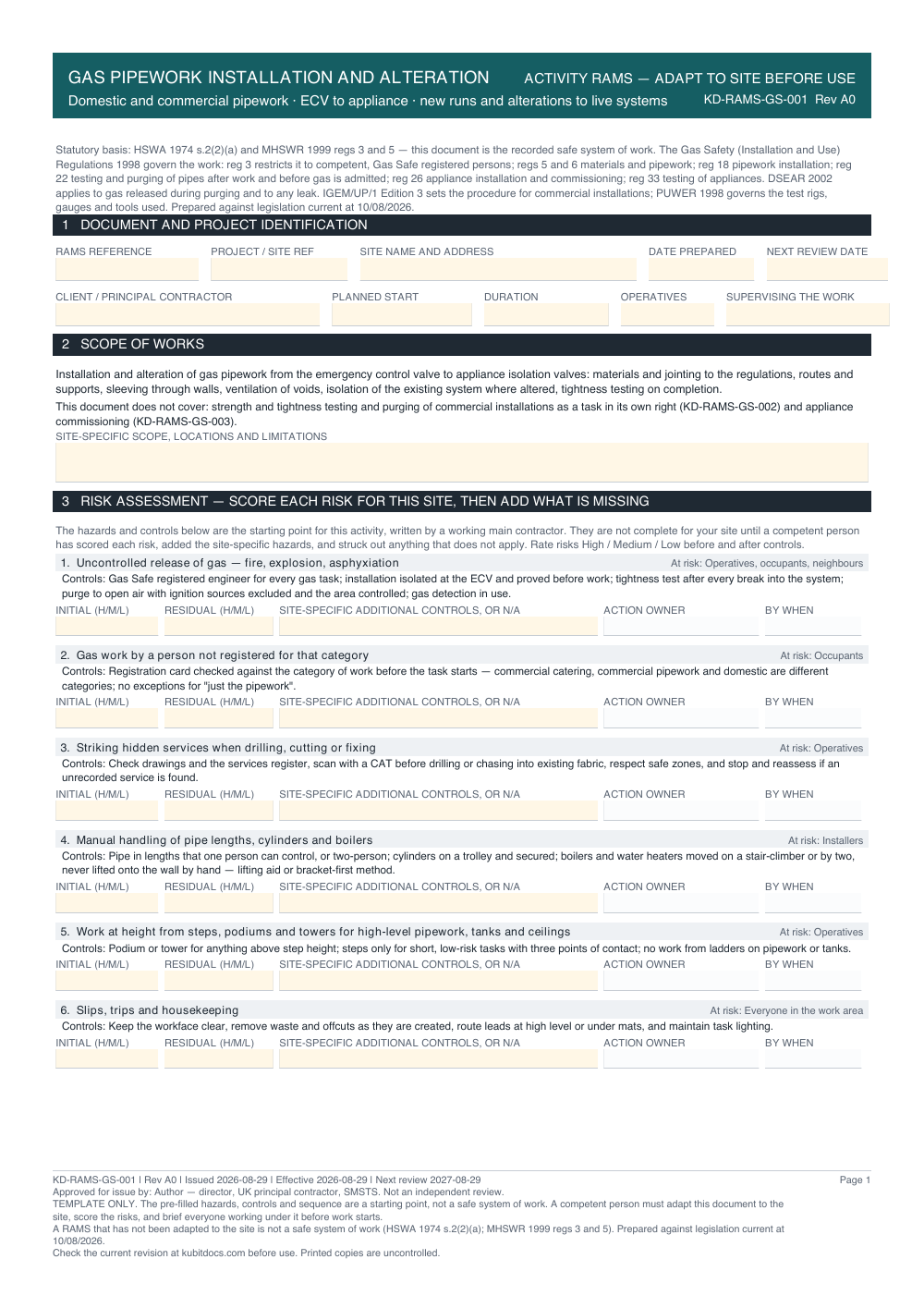 Gas Pipework Installation and Alteration — page one