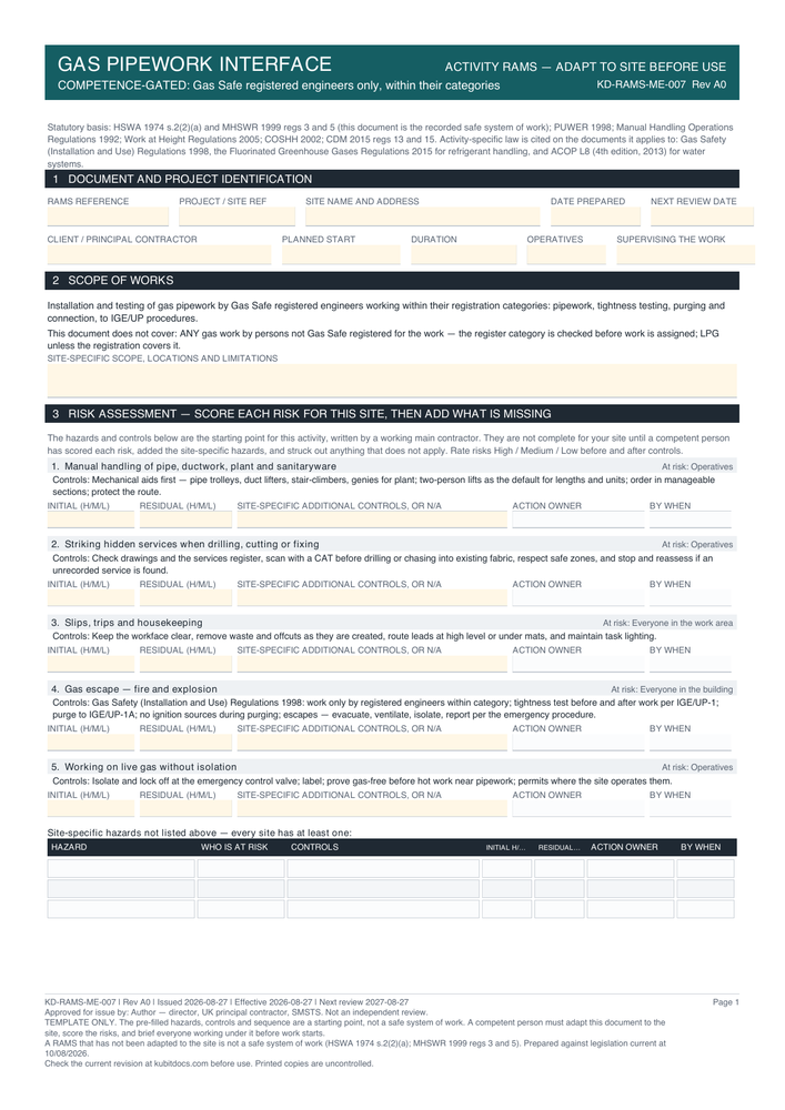 Gas Pipework Interface — page one