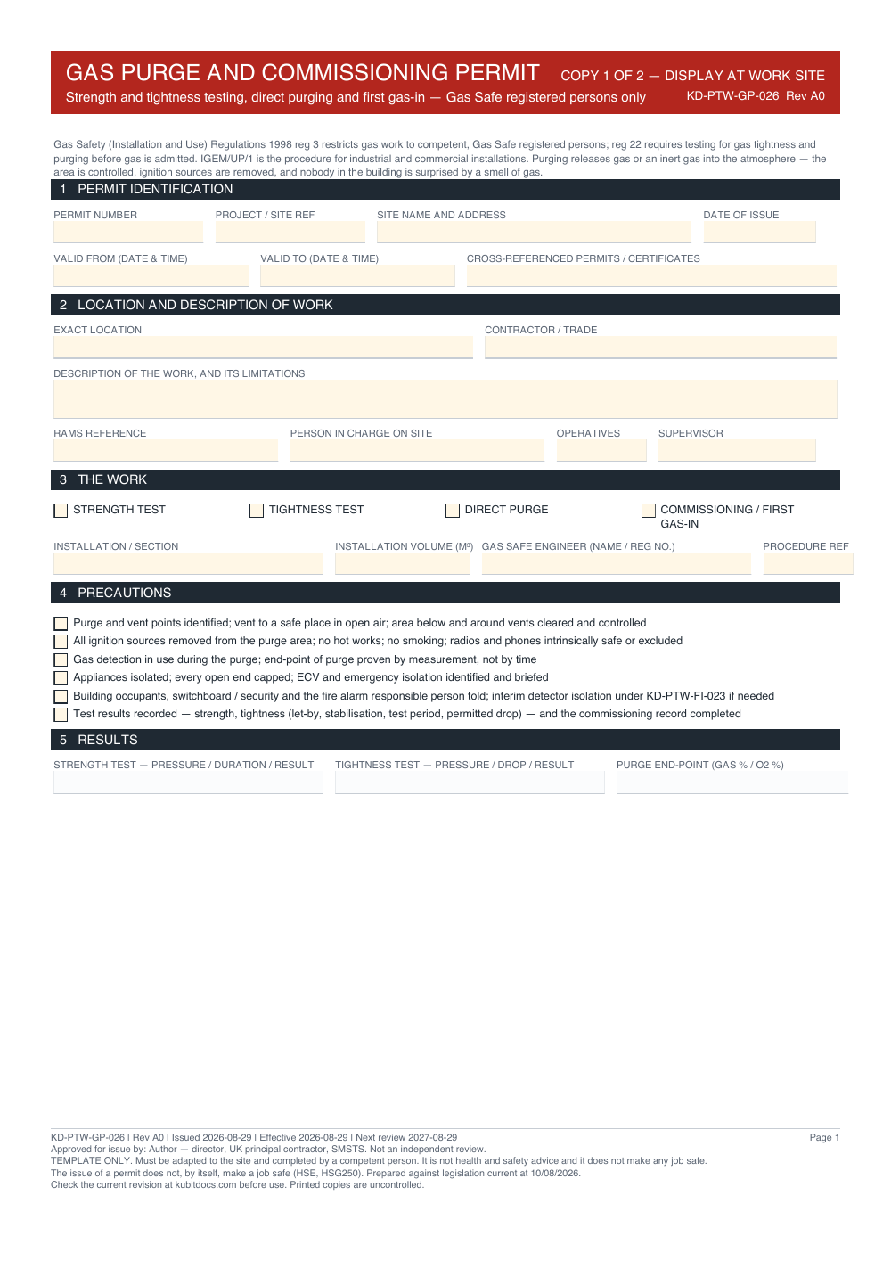 Gas Purge and Commissioning Permit — page one