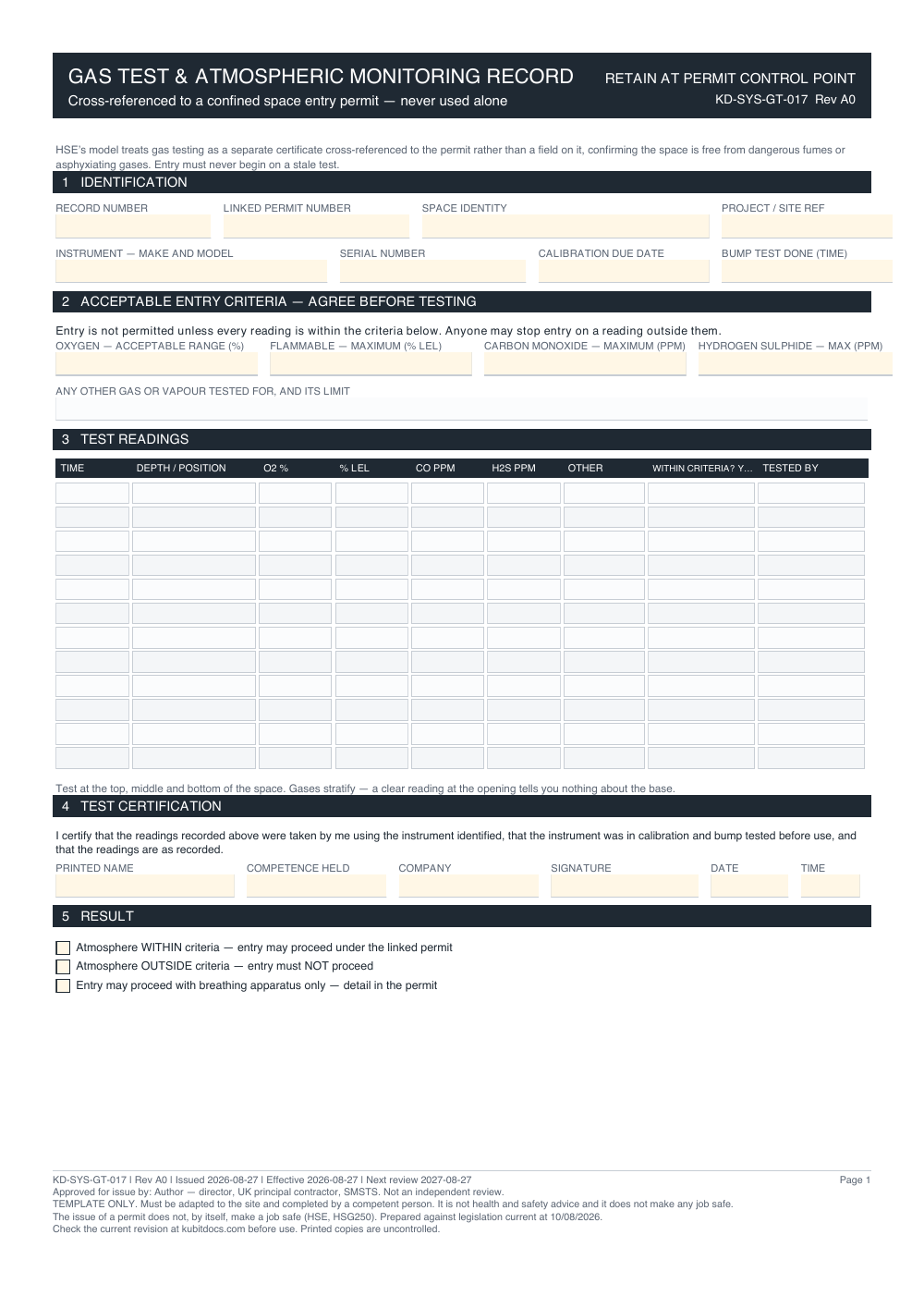Gas Test & Atmospheric Monitoring Record — page one