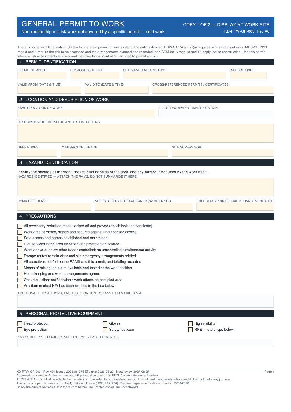 General Permit to Work — page one