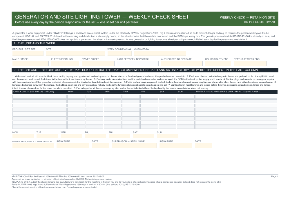 Generator and Site Lighting Tower — Weekly Check Sheet — page one