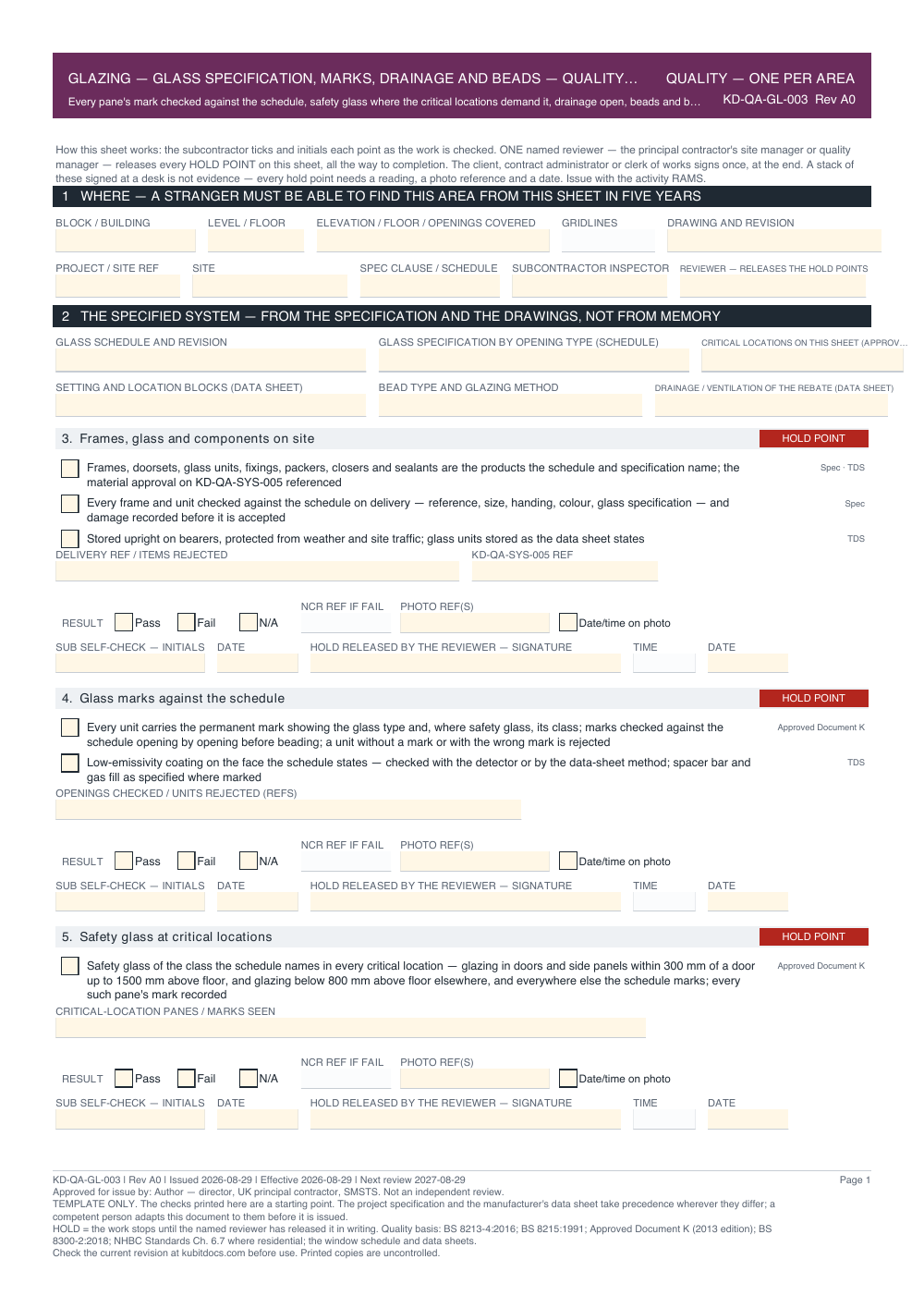 Glazing — Glass Specification, Marks, Drainage and Beads — Quality Inspection Checklist — page one