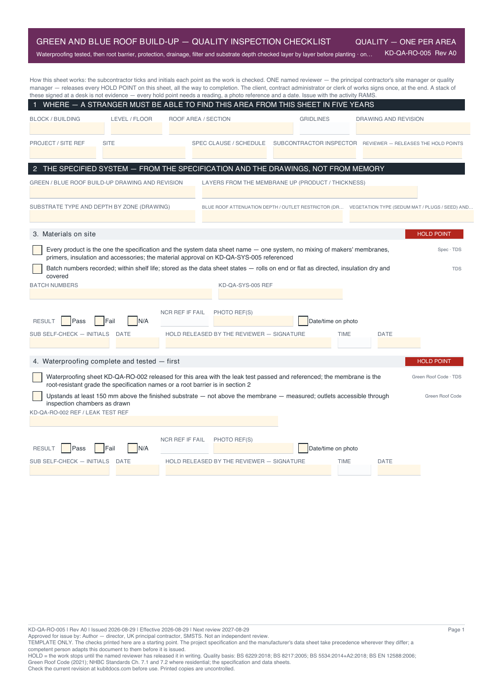 Green and Blue Roof Build-Up — Quality Inspection Checklist — page one