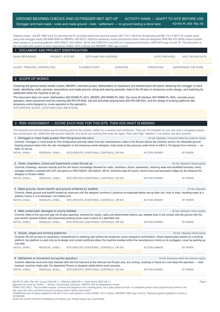 Ground Bearing Checks and Outrigger Mat Set-Up — page one