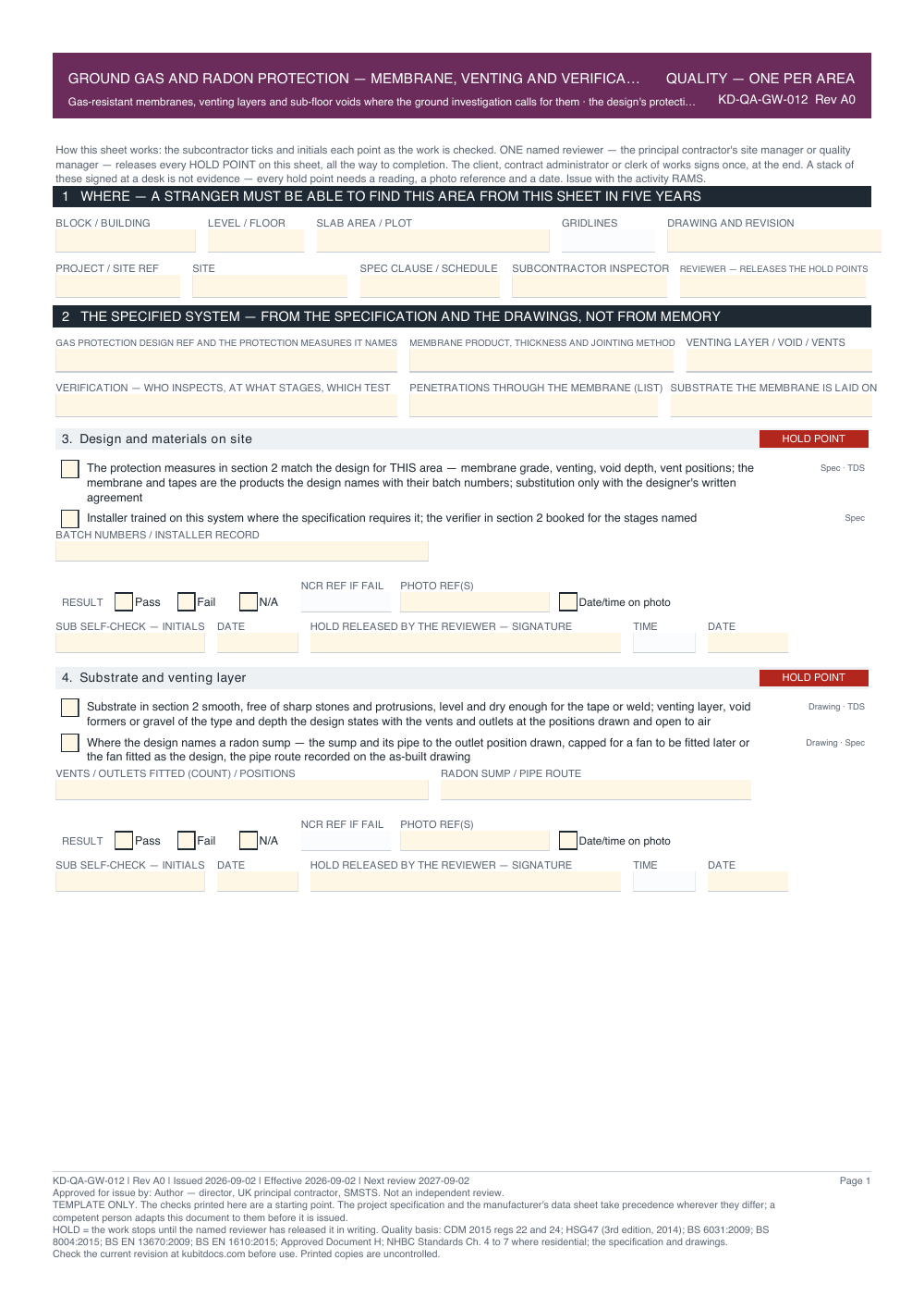 Ground Gas and Radon Protection — Membrane, Venting and Verification — Quality Inspection Checklist — page one