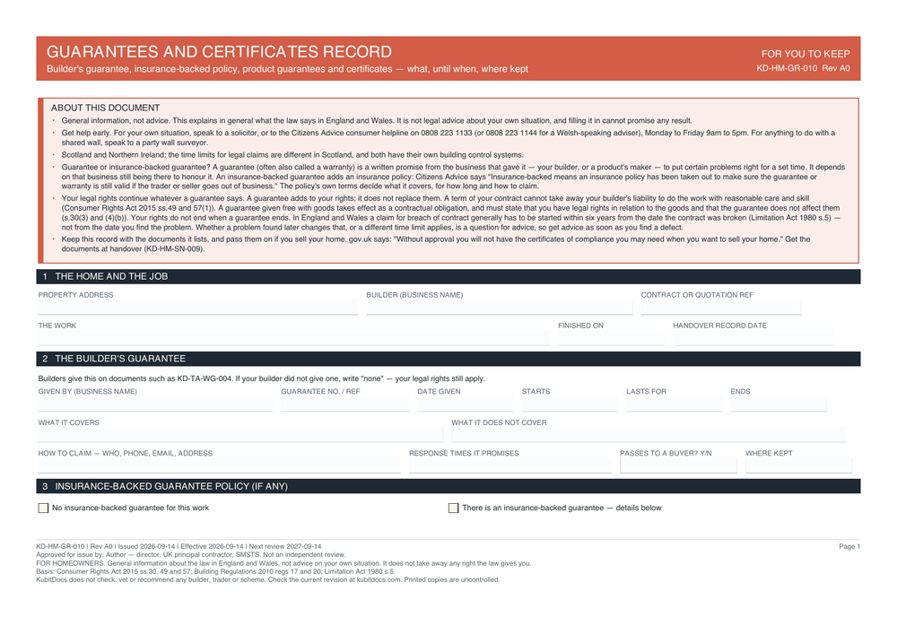Guarantees and Certificates Record — page one