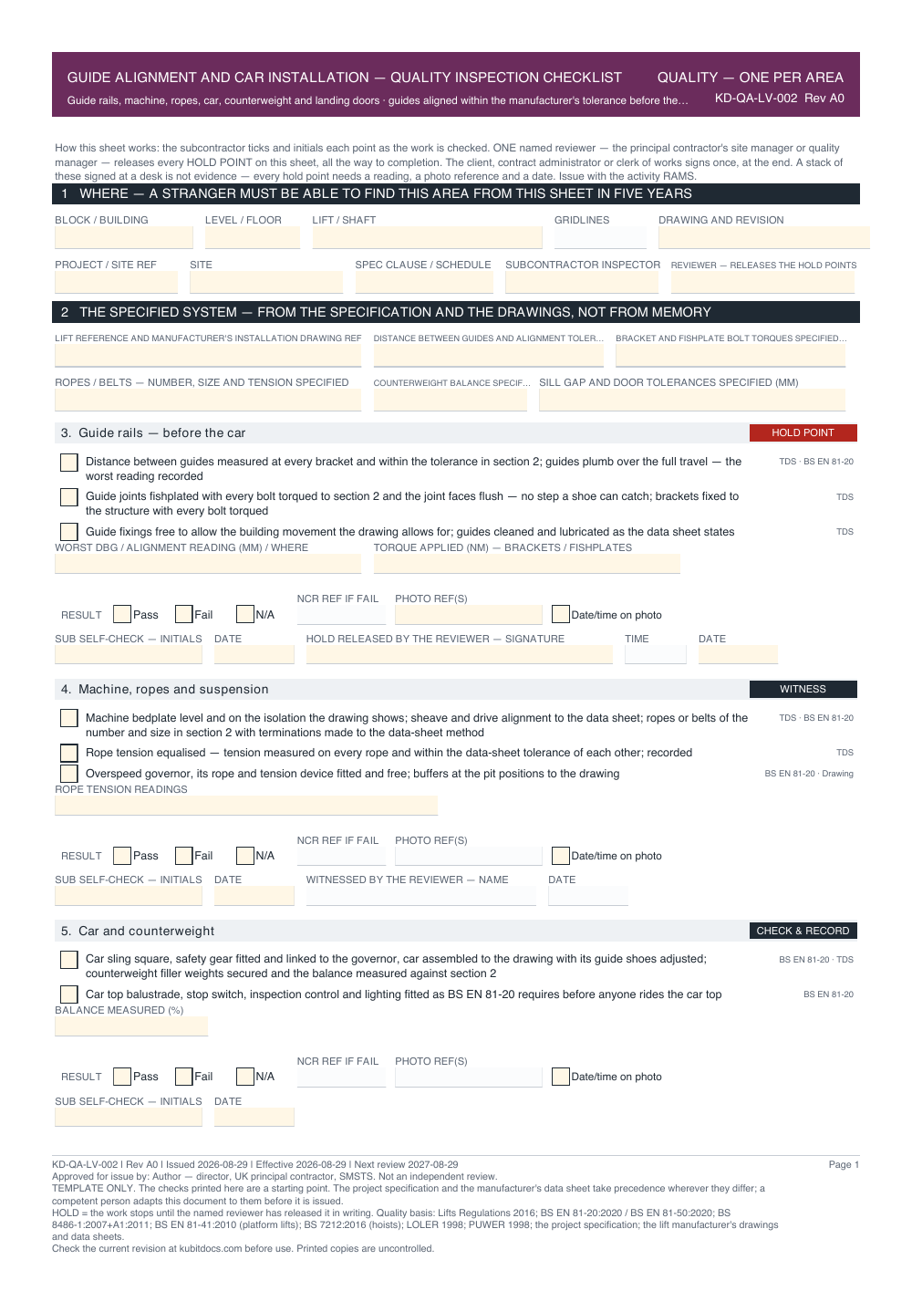 Guide Alignment and Car Installation — Quality Inspection Checklist — page one