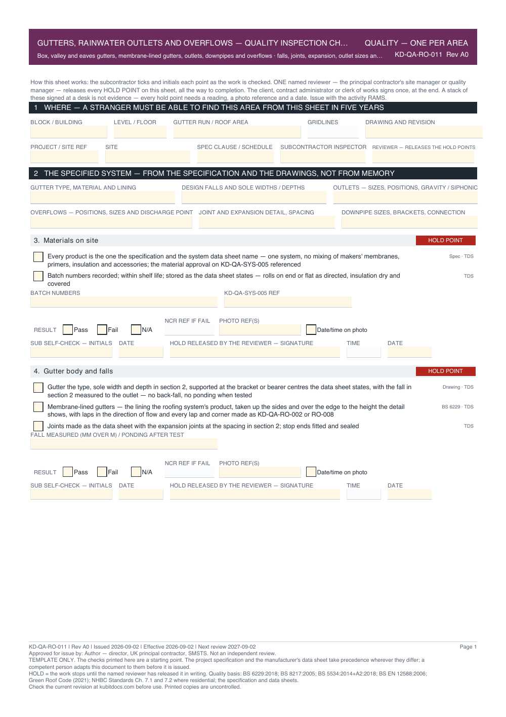 Gutters, Rainwater Outlets and Overflows — Quality Inspection Checklist — page one