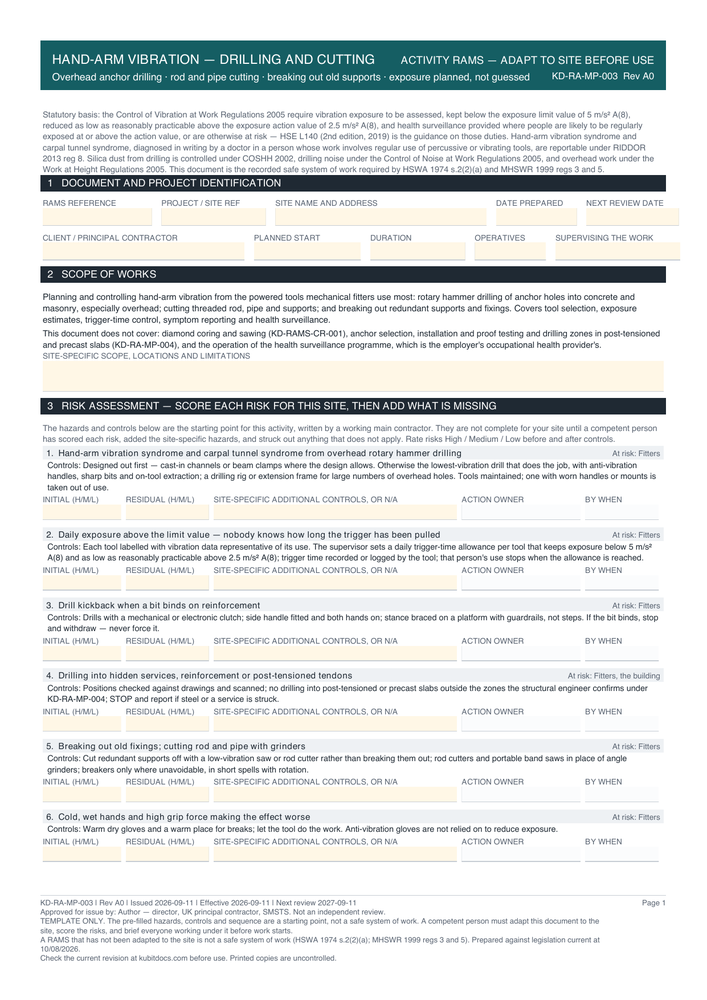 Hand-Arm Vibration — Drilling and Cutting — page one