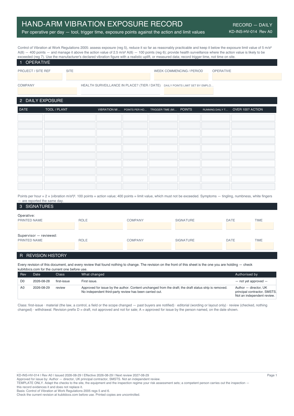Hand-Arm Vibration Exposure Record — page one