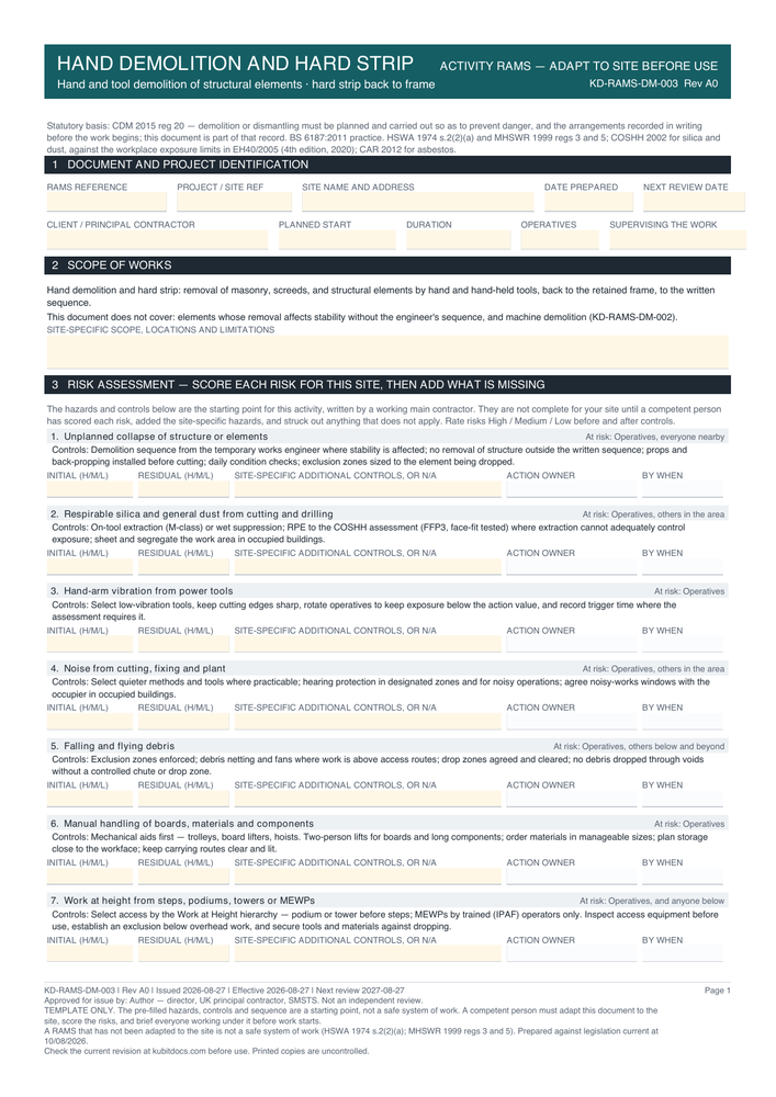 Hand Demolition and Hard Strip — page one