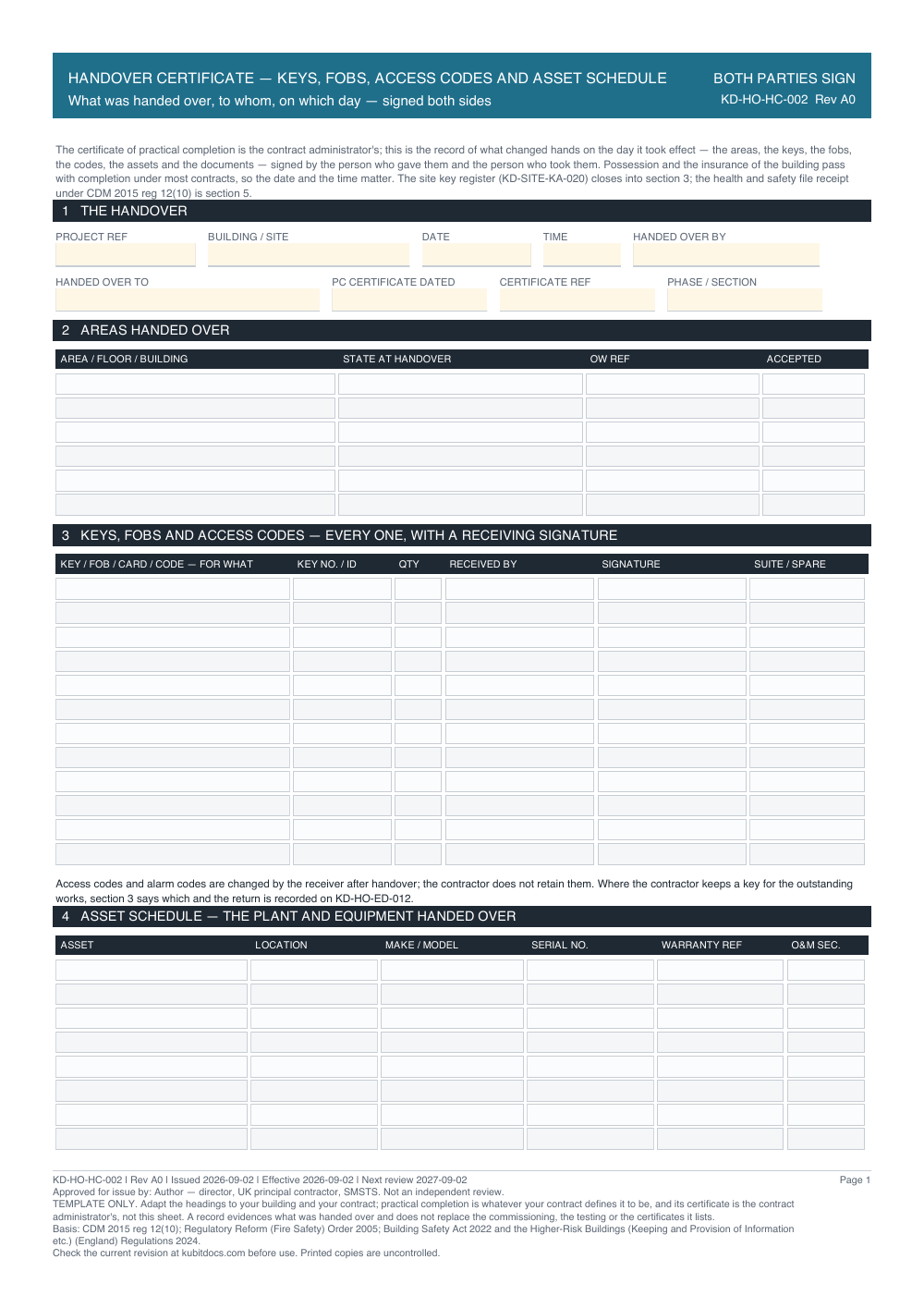 Handover Certificate — Keys, Fobs, Access Codes and Asset Schedule — page one