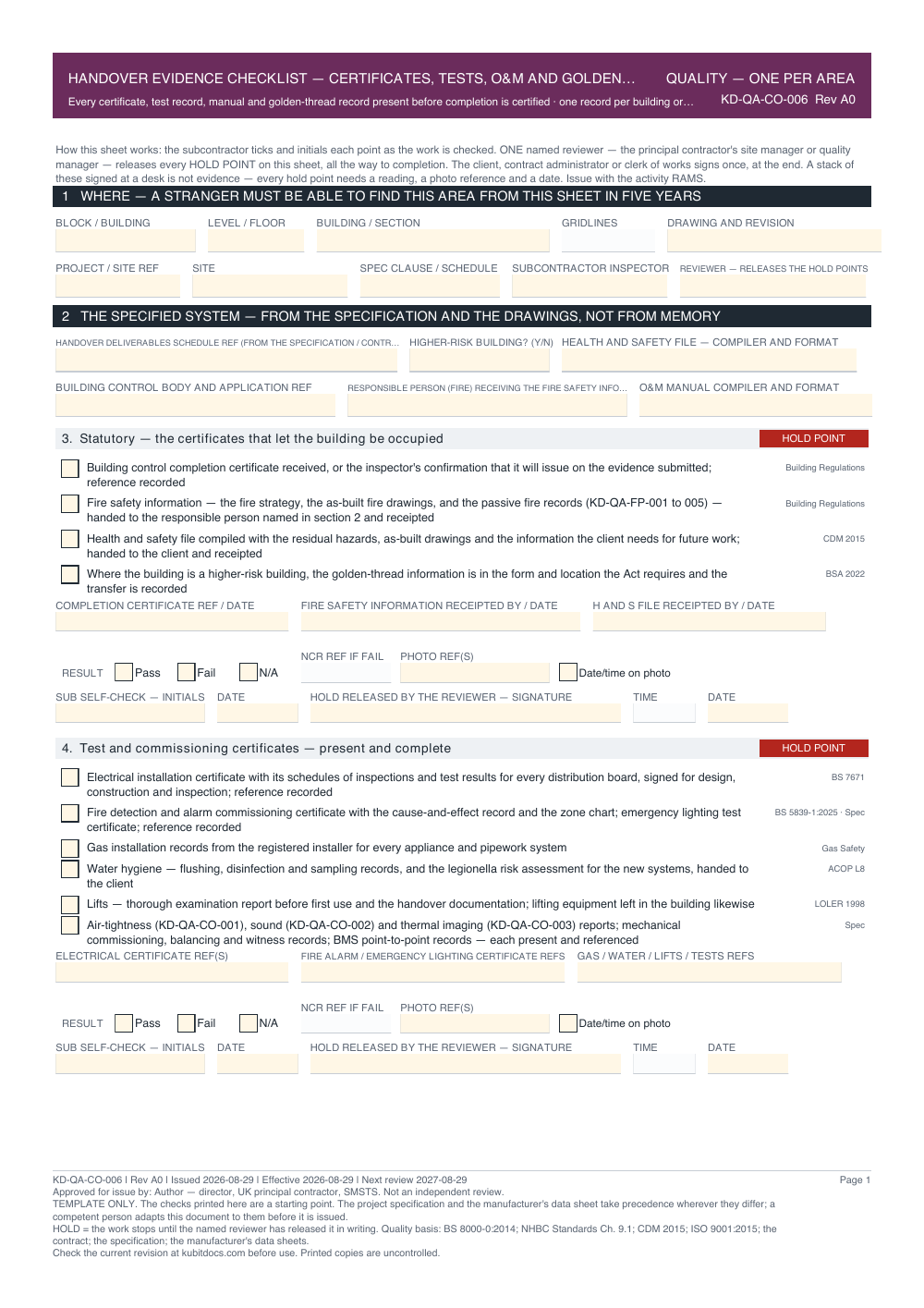Handover Evidence Checklist — Certificates, Tests, O&M and Golden Thread — Record — page one