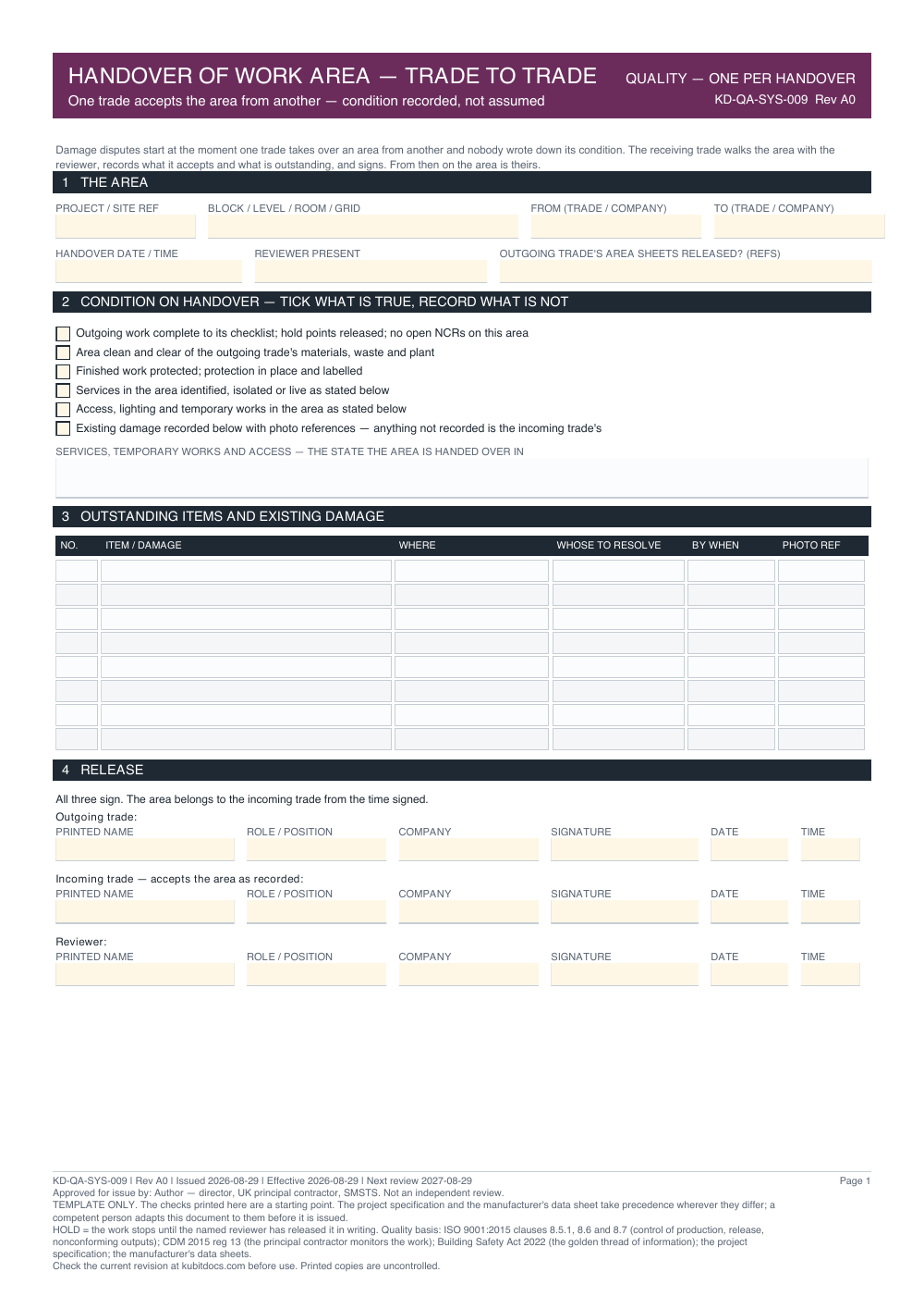 Handover of Work Area — Trade to Trade — page one