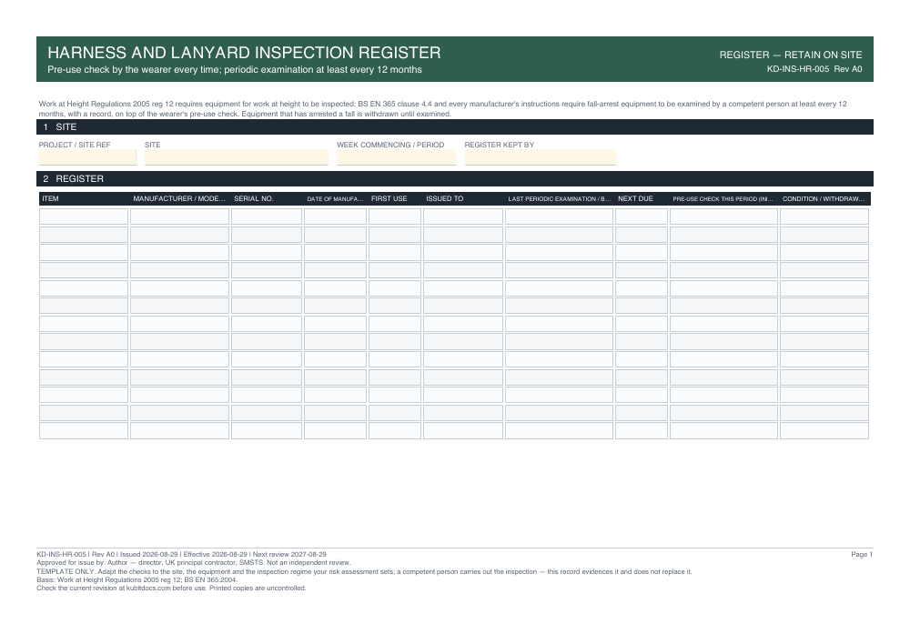 Harness and Lanyard Inspection Register — page one