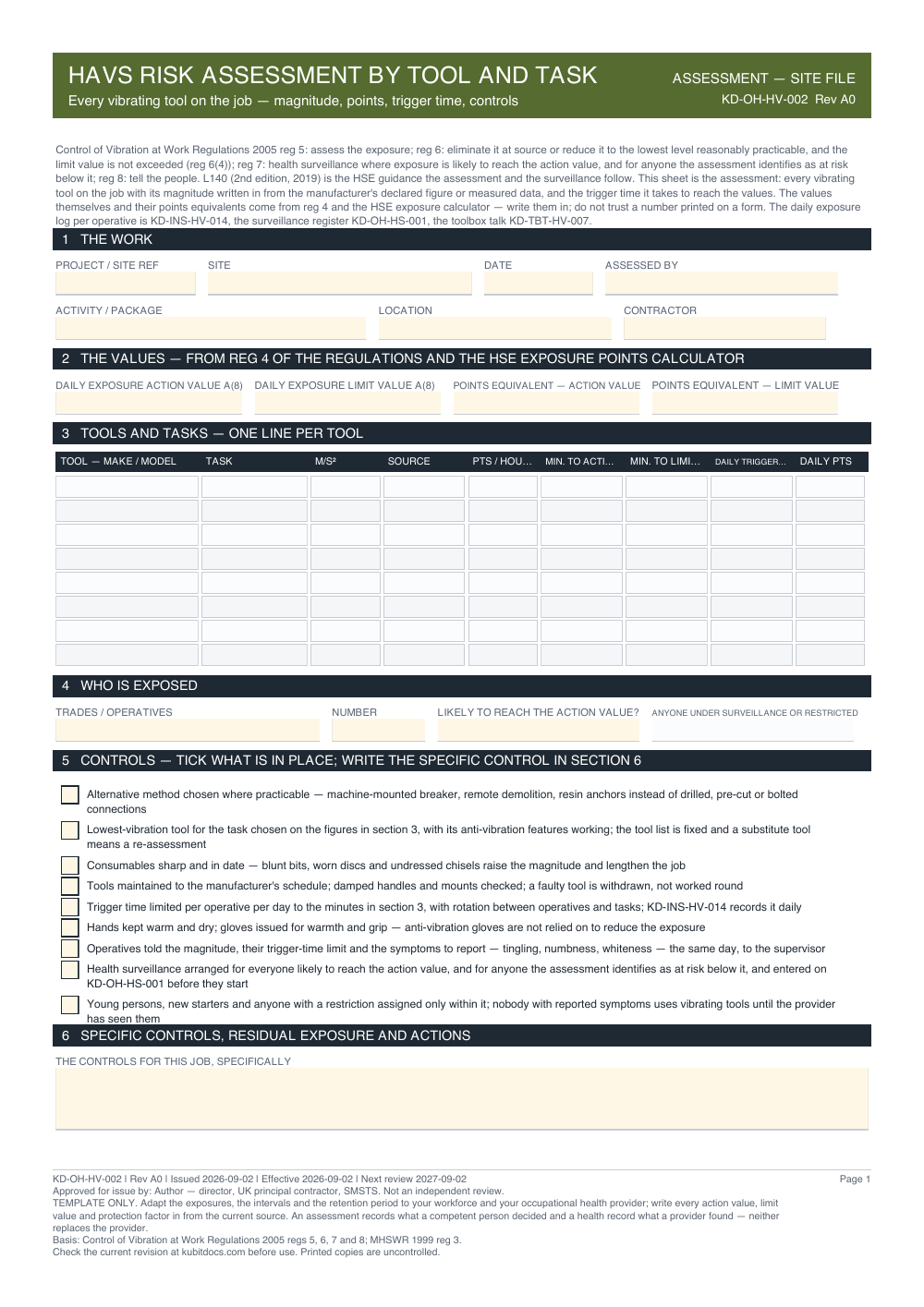 HAVS Risk Assessment by Tool and Task — page one