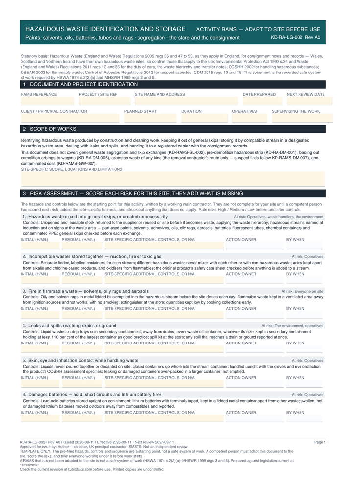 Hazardous Waste Identification and Storage — page one