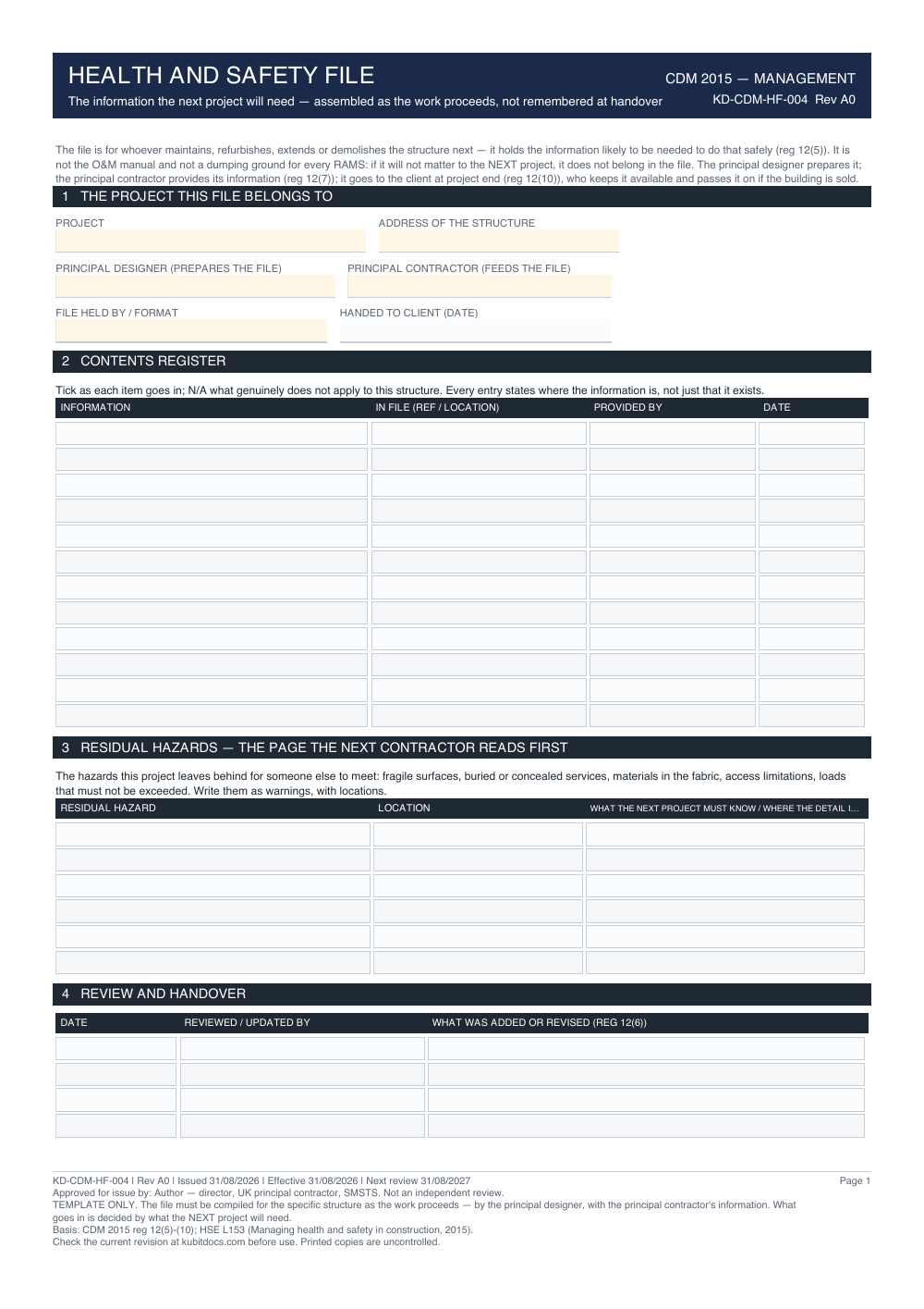 Health and Safety File — page one
