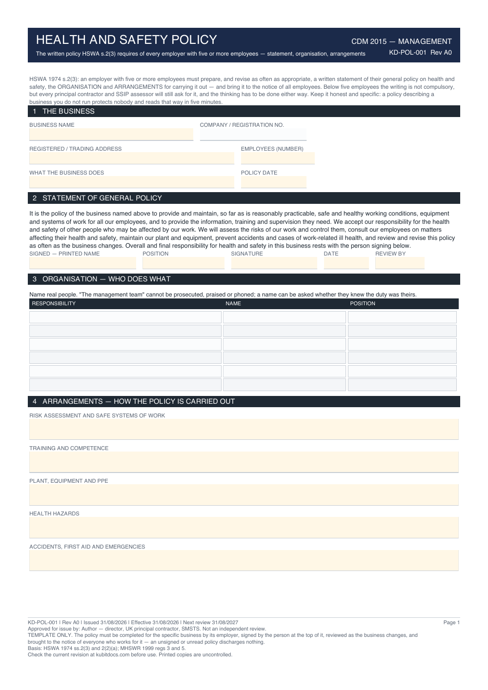 Health and Safety Policy — page one