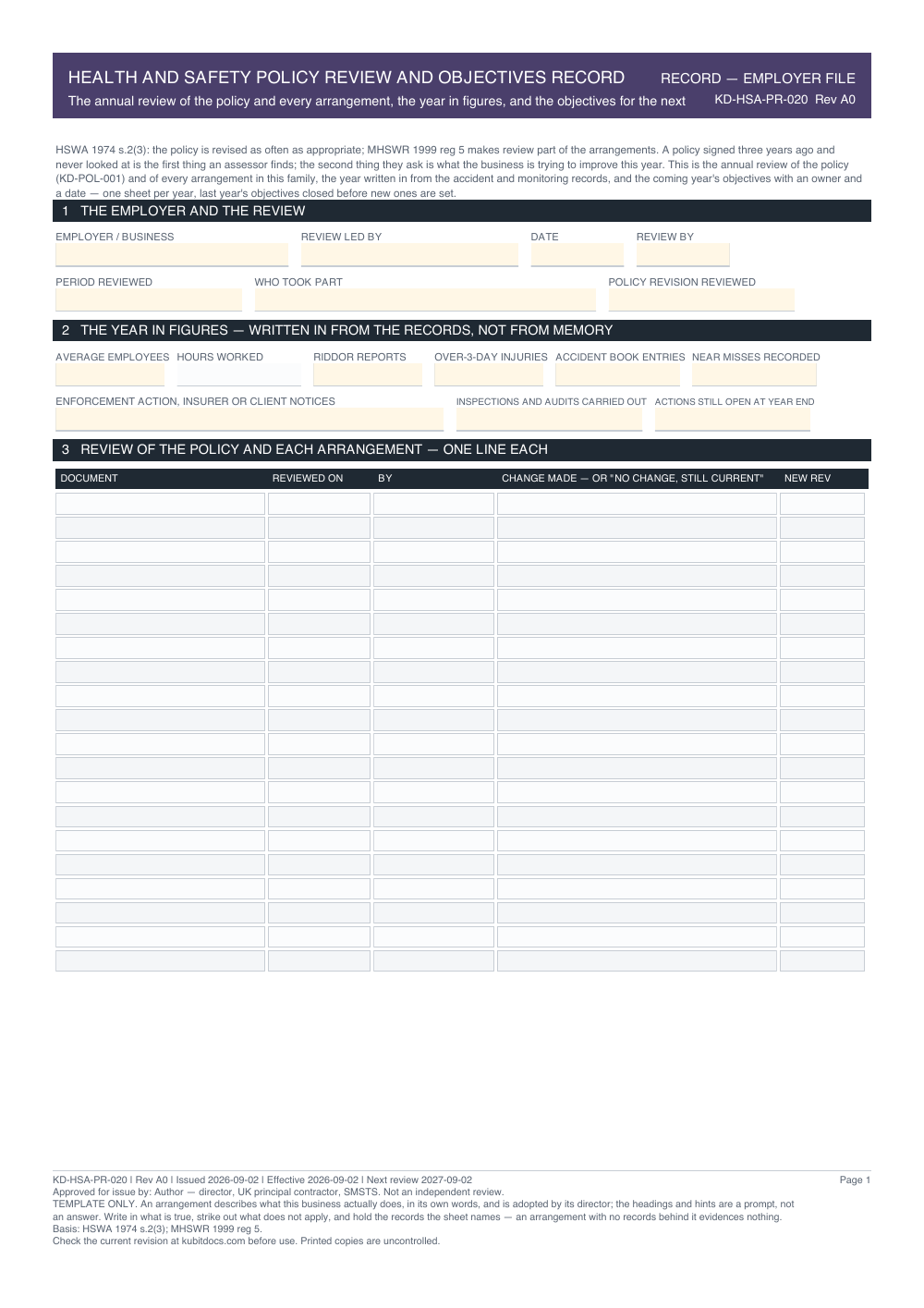 Health and Safety Policy Review and Objectives Record — page one