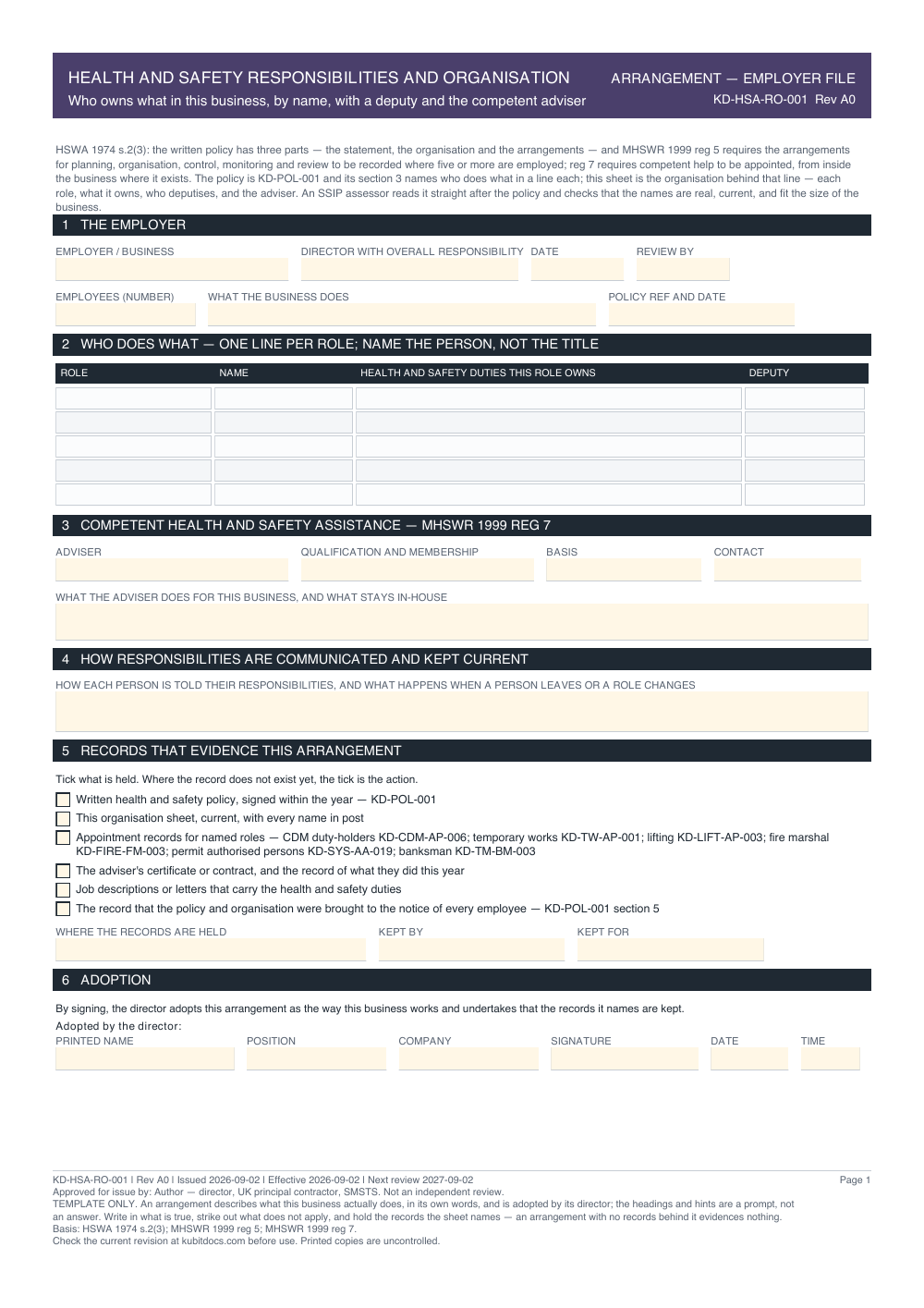 Health and Safety Responsibilities and Organisation — page one