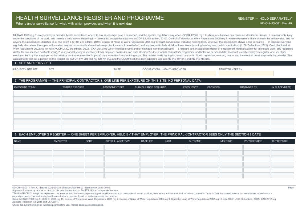 Health Surveillance Register and Programme — page one