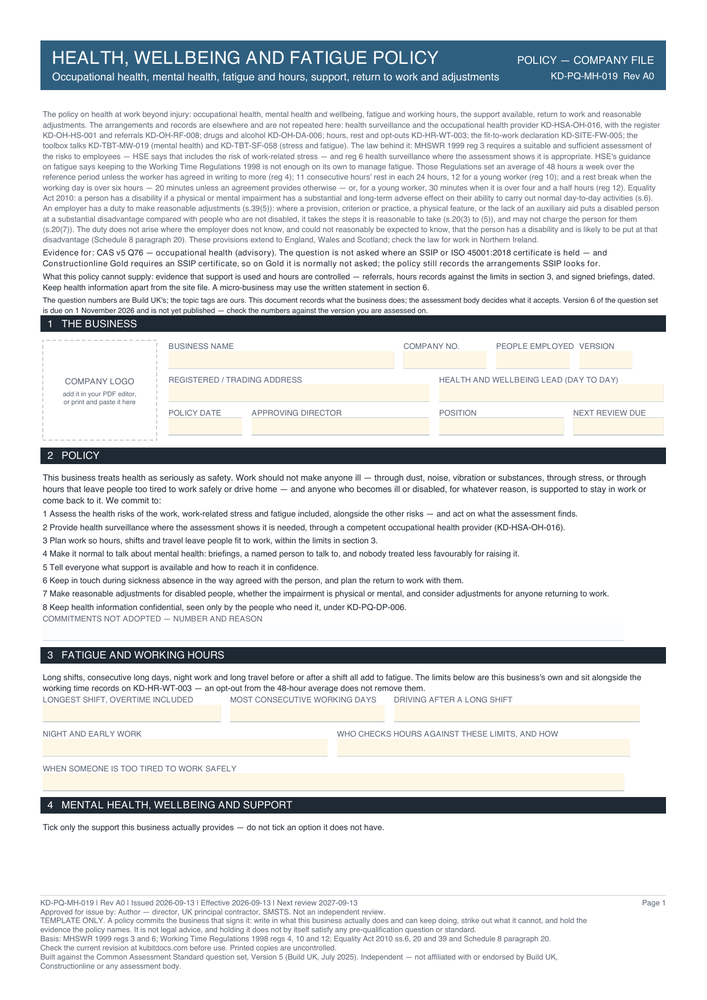 Health, Wellbeing and Fatigue Policy — page one
