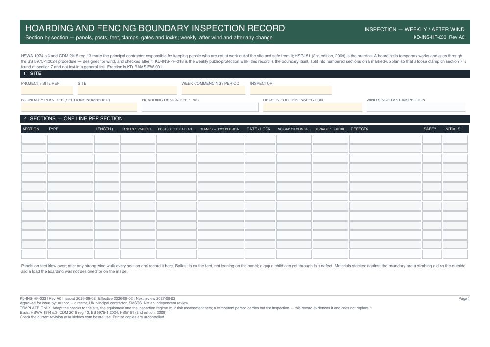 Hoarding and Fencing Boundary Inspection Record — page one