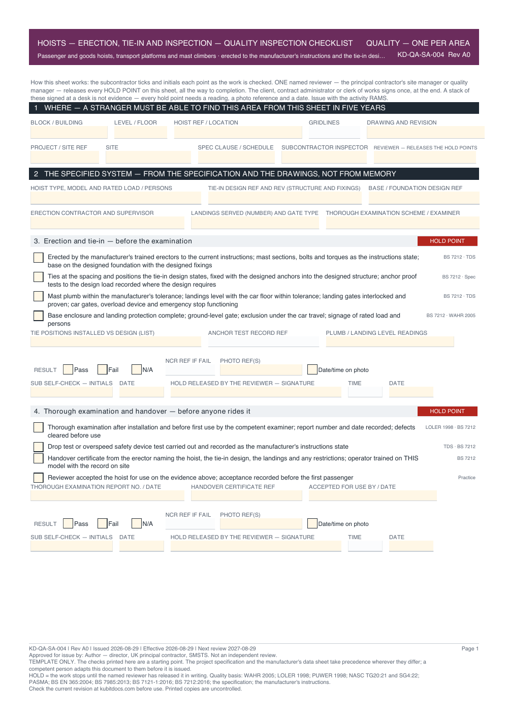 Hoists — Erection, Tie-In and Inspection — Quality Inspection Checklist — page one