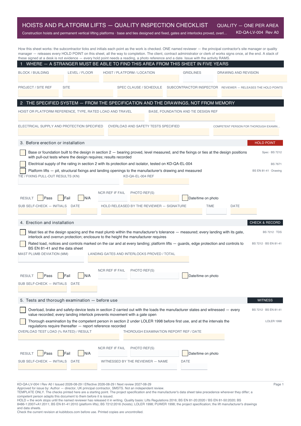 Hoists and Platform Lifts — Quality Inspection Checklist — page one
