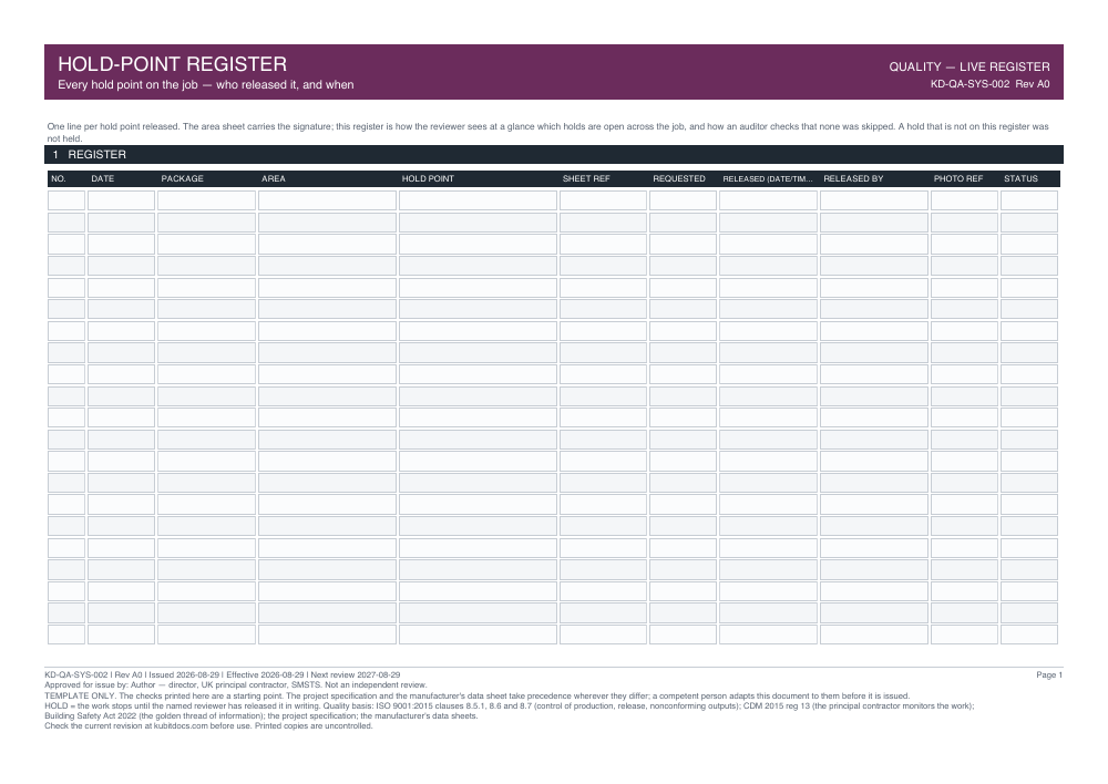 Hold-Point Register — page one