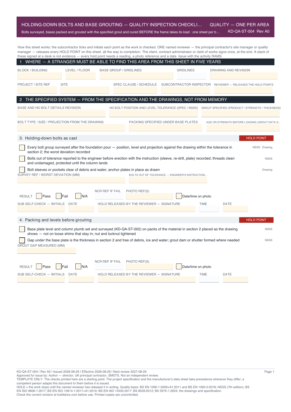 Holding-Down Bolts and Base Grouting — Quality Inspection Checklist — page one