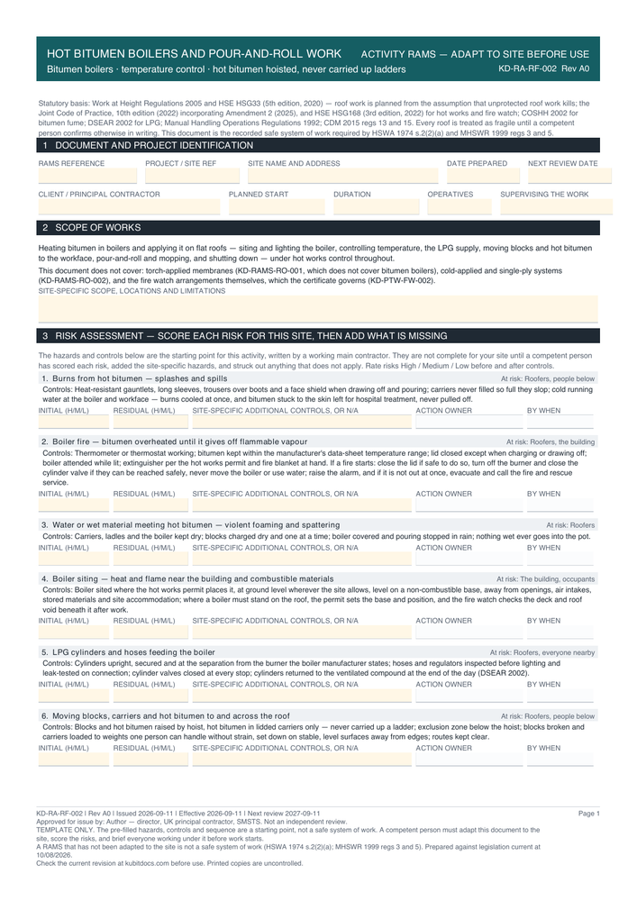 Hot Bitumen Boilers and Pour-and-Roll Work — page one