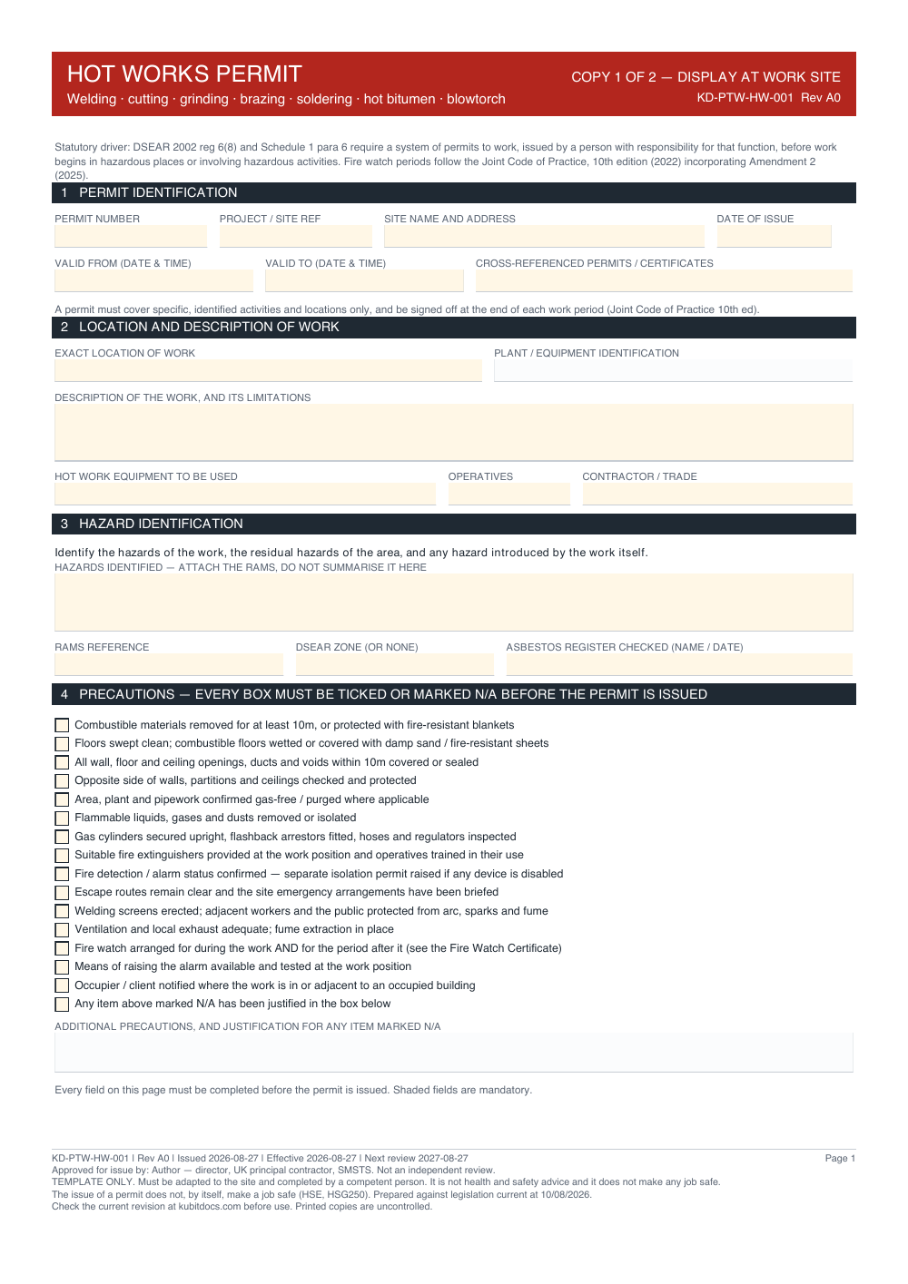 Hot Works Permit — page one