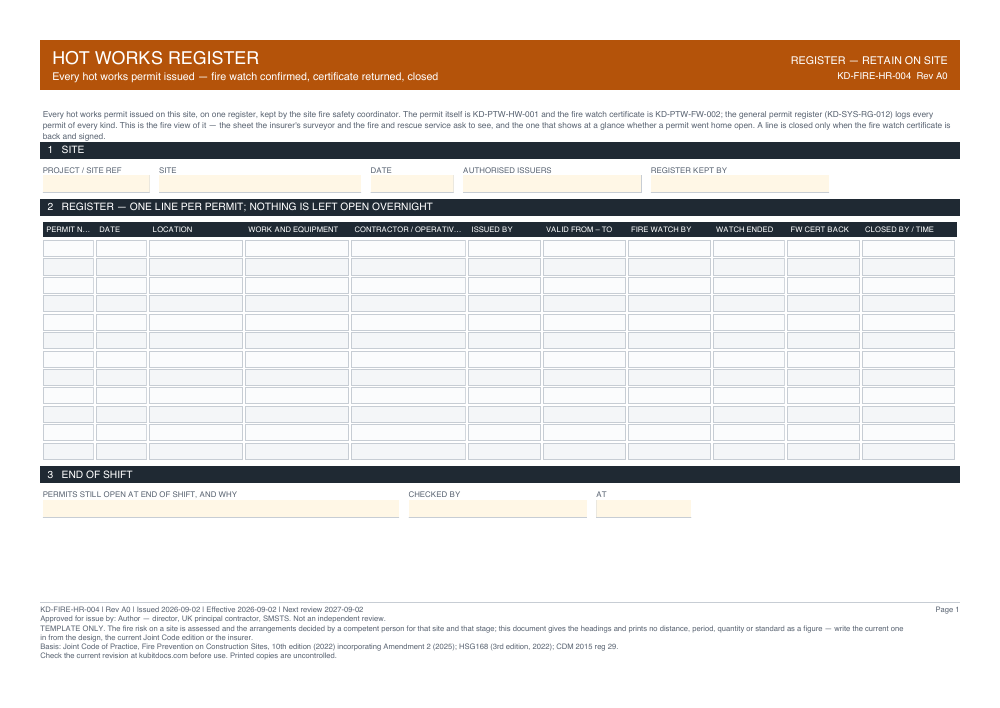 Hot Works Register — page one