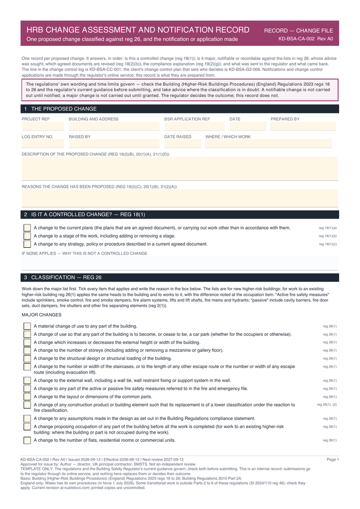 HRB Change Assessment and Notification Record — page one