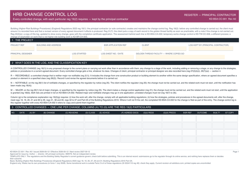 HRB Change Control Log — page one