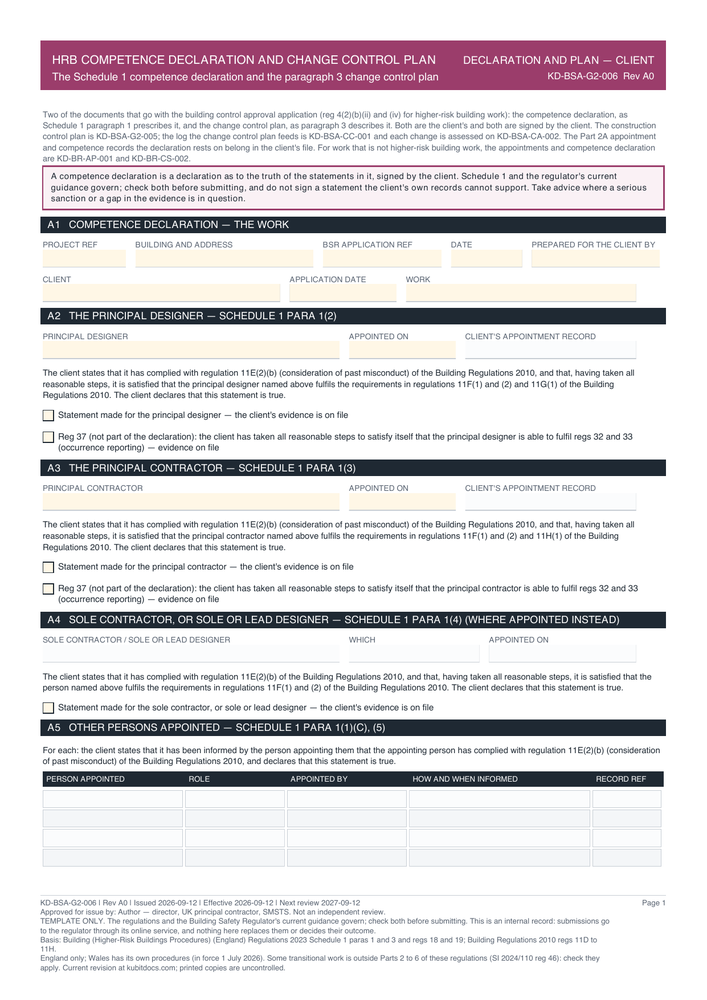 HRB Competence Declaration and Change Control Plan — page one