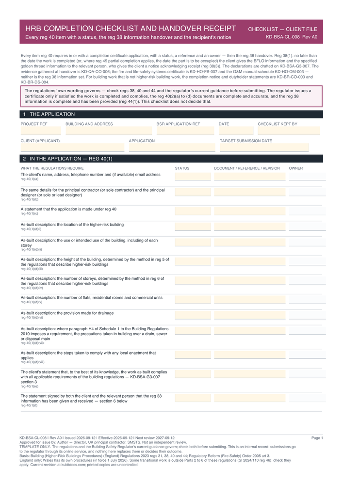HRB Completion Checklist and Handover Receipt — page one