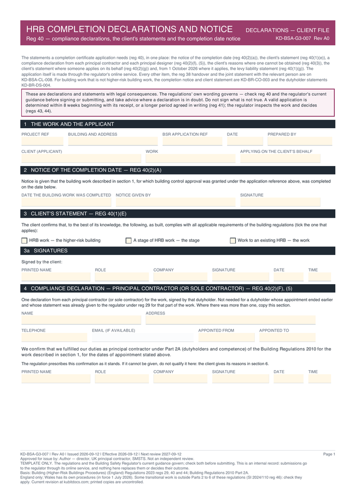 HRB Completion Declarations and Notice — page one