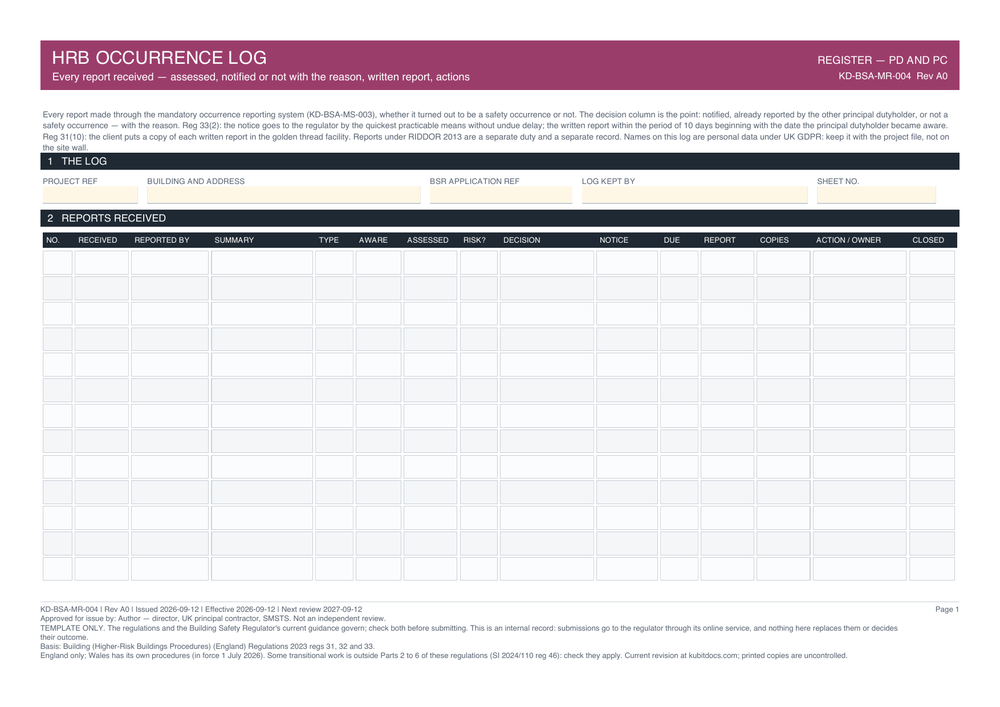 HRB Occurrence Log — page one