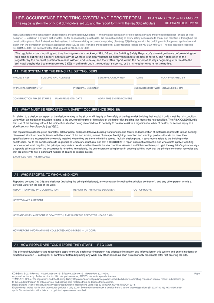 HRB Occurrence Reporting System and Report Form — page one
