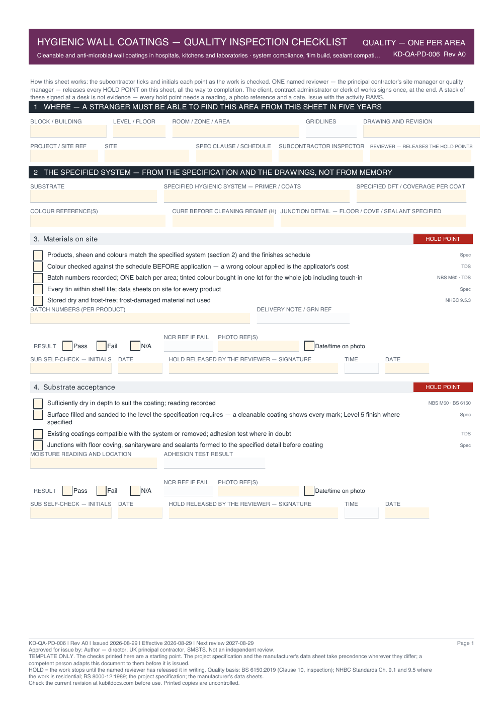 Hygienic Wall Coatings — Quality Inspection Checklist — page one