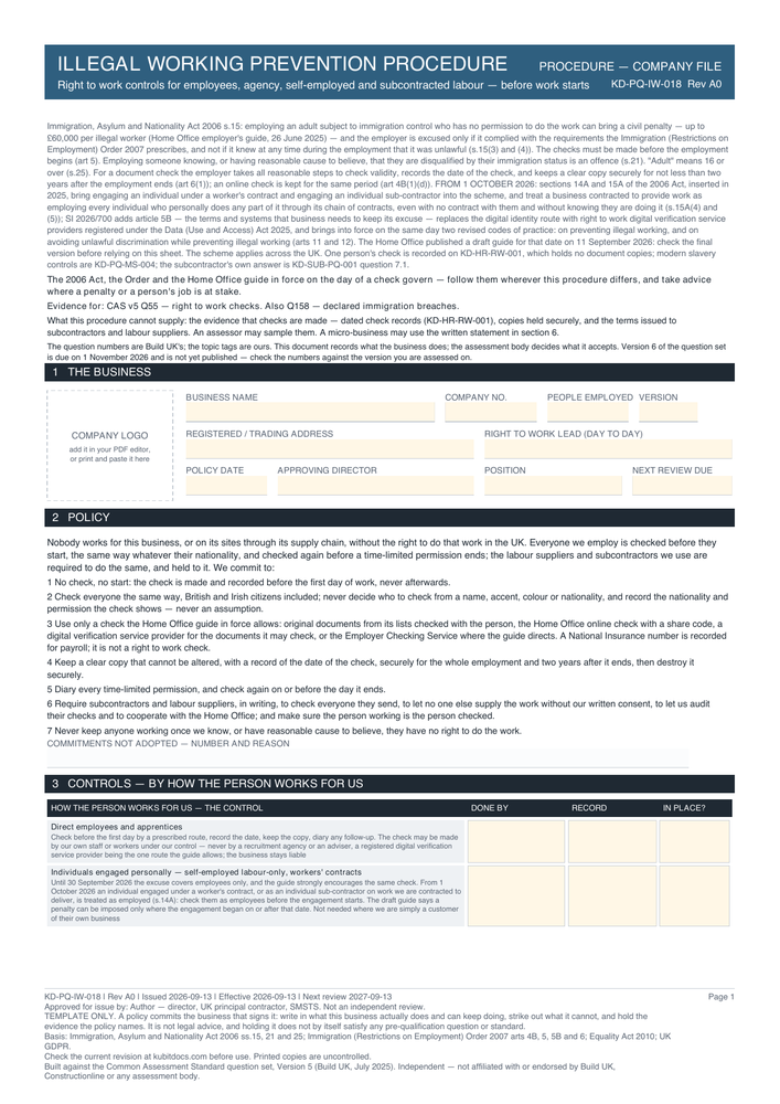 Illegal Working Prevention Procedure — page one