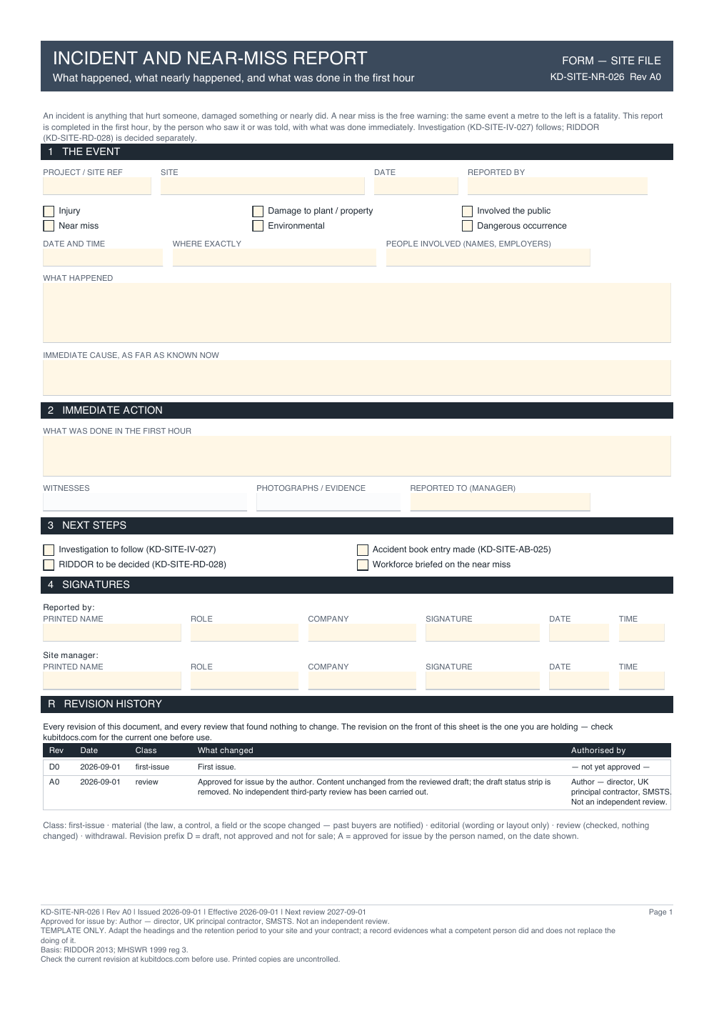 Incident and Near-Miss Report — page one