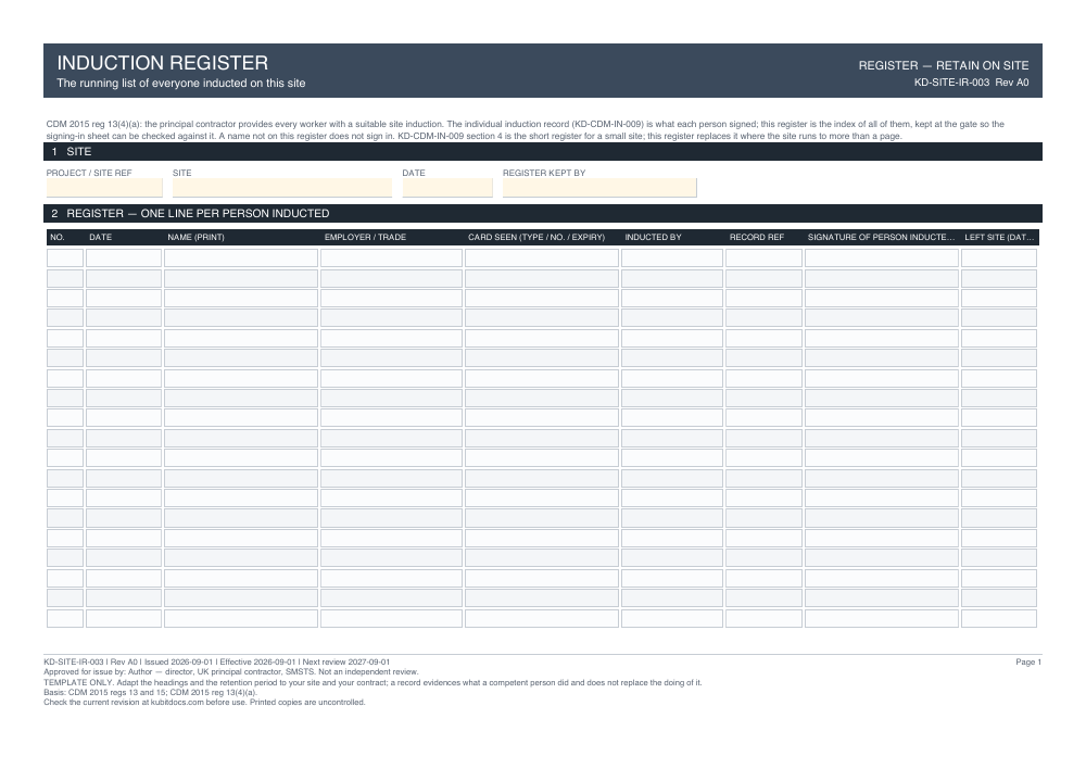 Induction Register — page one