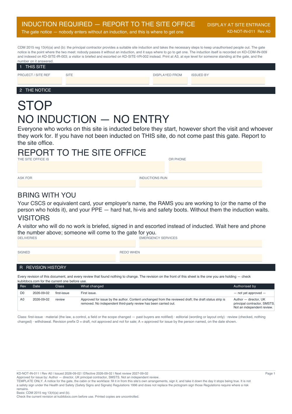 Induction Required — Report to the Site Office — page one