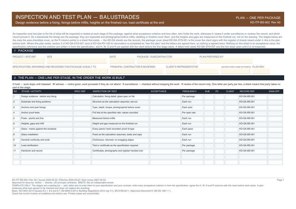 Inspection and Test Plan — Balustrades — page one