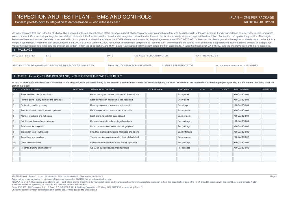 Inspection and Test Plan — BMS and Controls — page one
